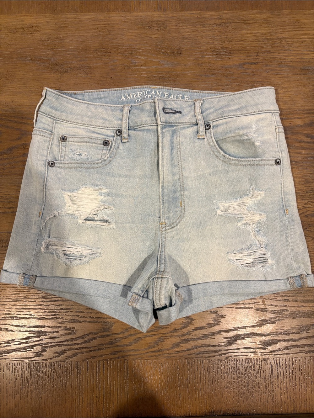 American Eagle Outfitters Faded Light Blue Distressed Jean Shorts- super hi rise